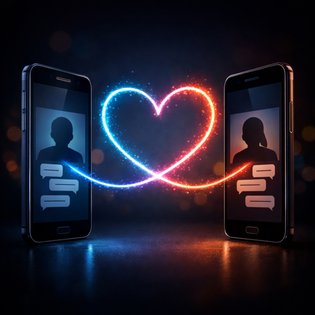 Litmatch anonim sohbet ve eşleşme algoritmasını gösteren, iki telefonu birbirine bağlayan parlayan bir dijital kalp.