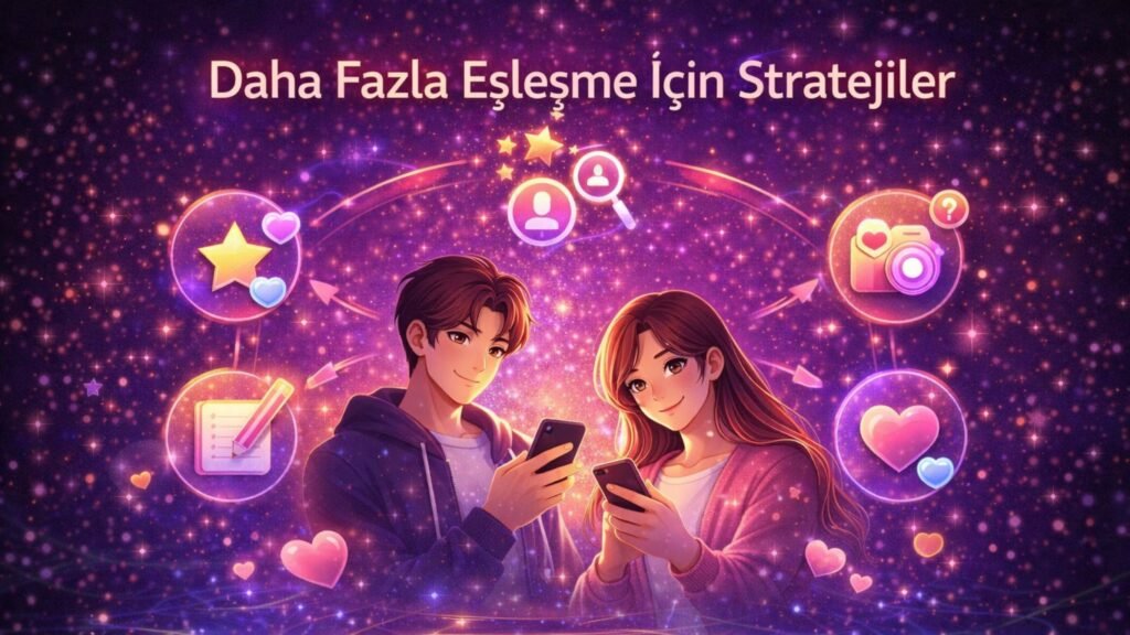 Litmatch uygulamasında daha fazla eşleşme almak için kullanılan stratejileri temsil eden kapak görseli