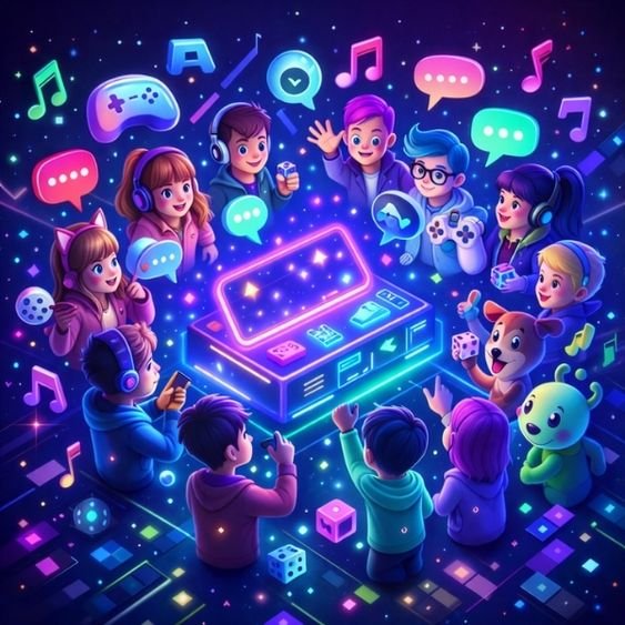 Litmatch parti odalarında bir araya gelen topluluk ve oyun oynayan avatarlar.