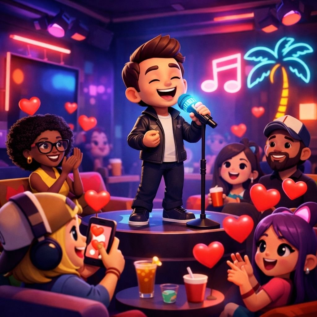 Litmatch uygulamasında birçok avatarın bir araya geldiği, etkileşimli sesli sohbet ve parti odası ortamı.