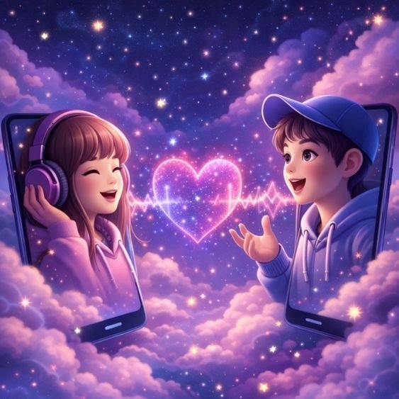 Litmatch sesli eşleşme özelliği ile dijital bağ kuran kullanıcı illüstrasyonu.